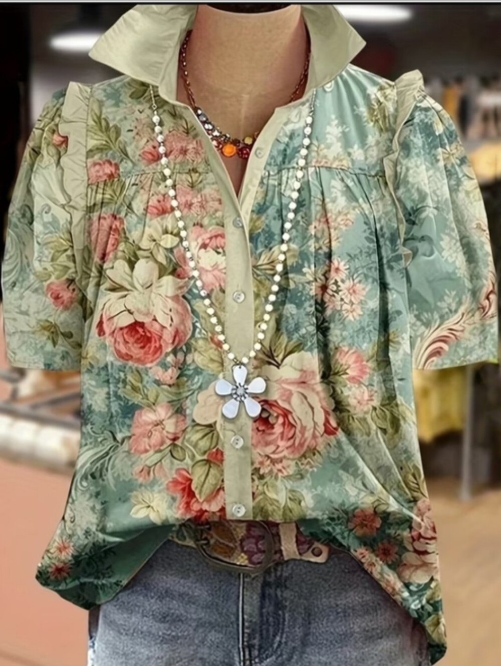 Floral Button-Front Puff Sleeve Top in Mint Green and Pastels